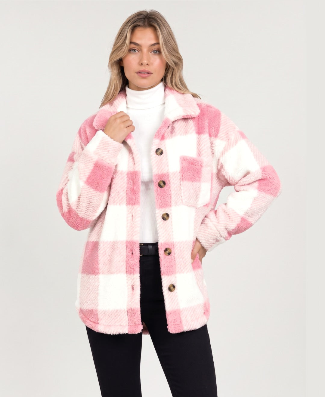 Women's check fleece shirt jacket in pink, front view