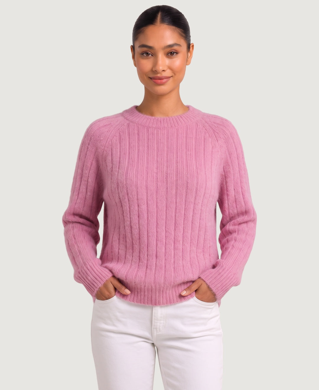 Women's wide rib knit jumper with raglan sleeves, front view – Pink