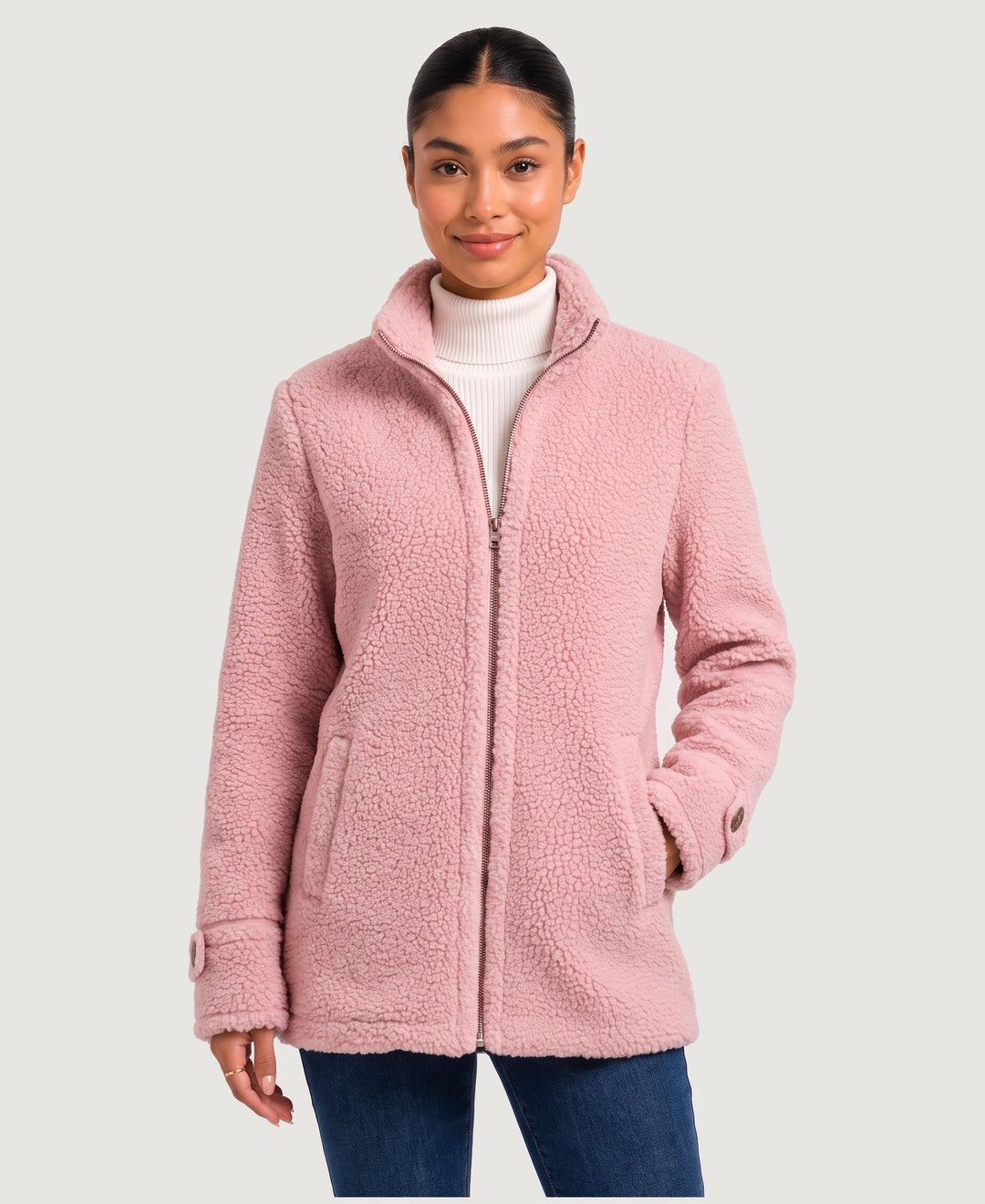 Women's sherpa fleece zip jacket in pink, front view