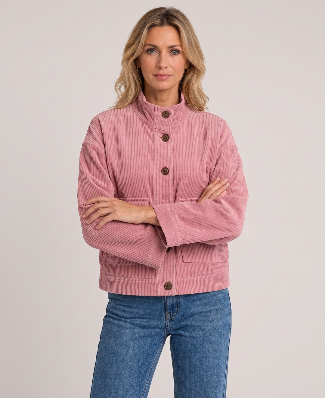Women's Corduroy Shirt Jacket Flap Pockets Stand Collar in Pink, front view