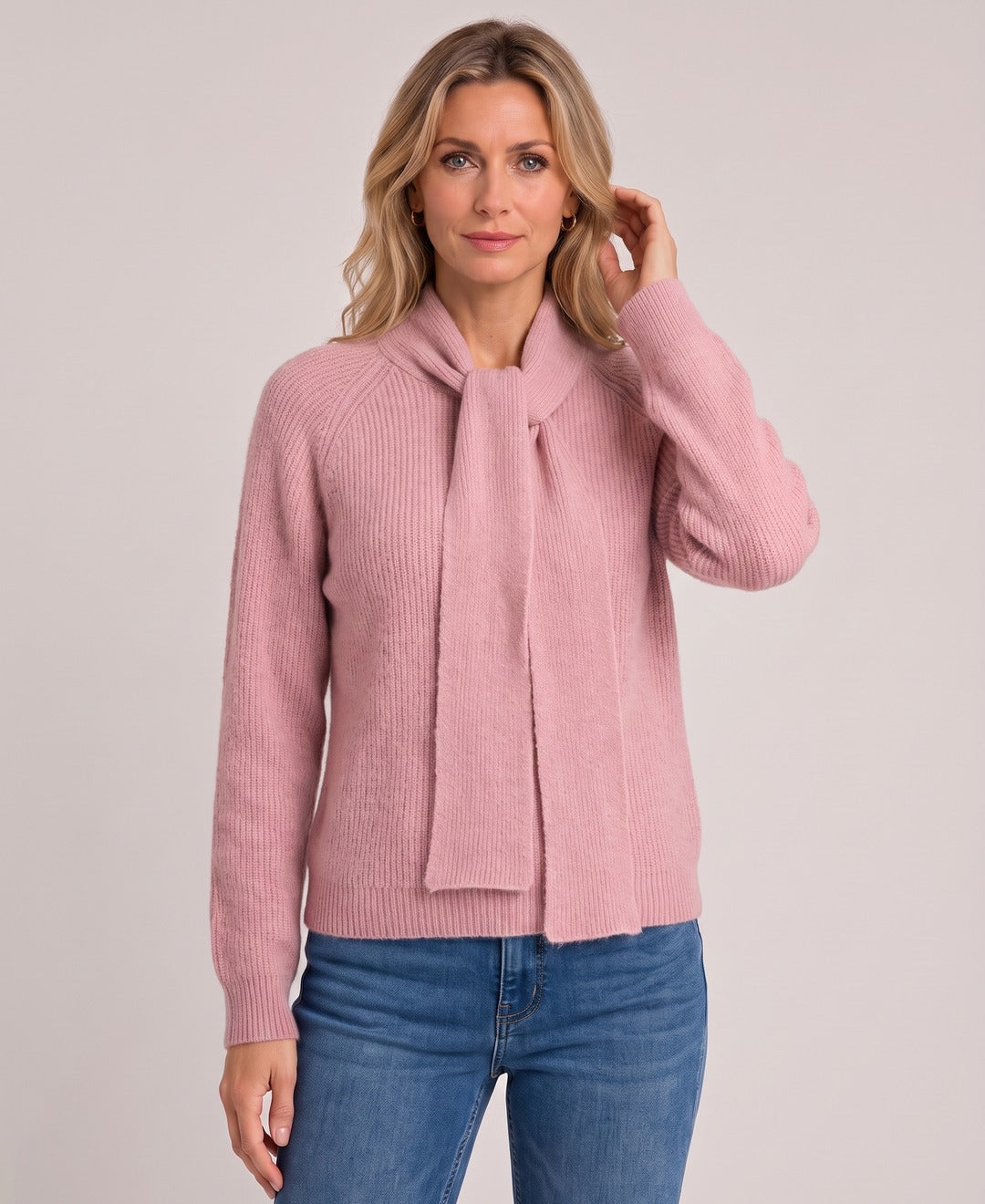 Women's Knit Jumper Scarf Tie Neck Raglan Sleeves in Pink, front view