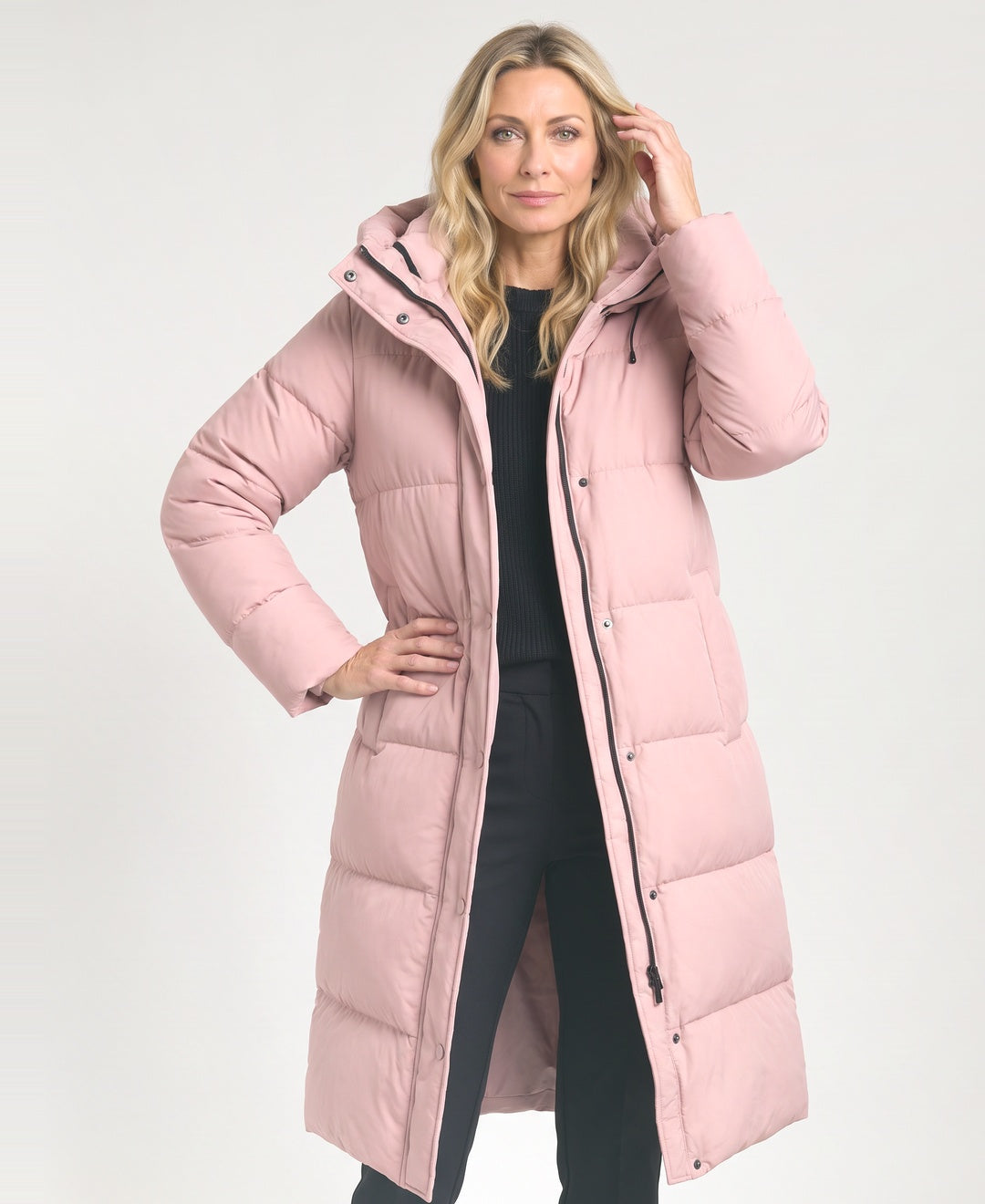 Long Hooded Puffer Coat Horizontal Quilting Stand Collar pink front view