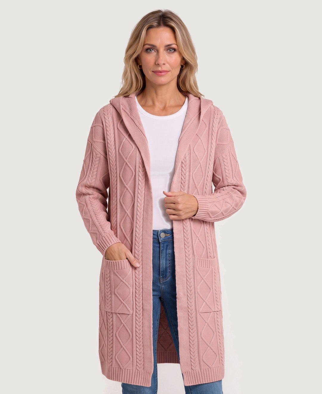Long Hooded Cable Knit Cardigan Coat pink front view