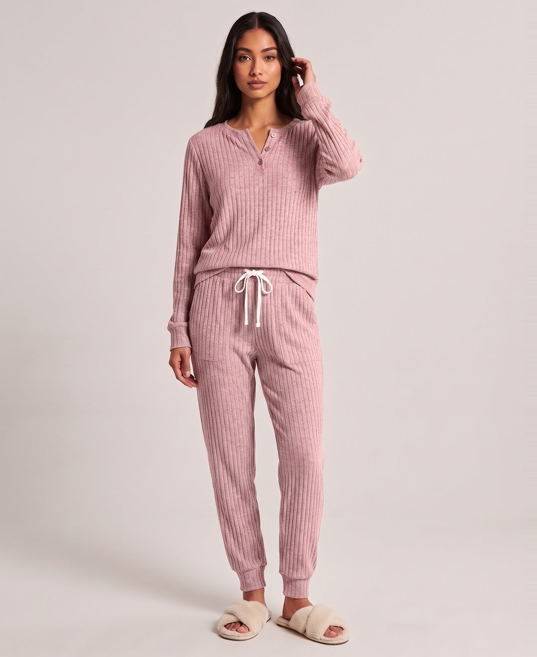 Pink ribbed henley lounge set front view on model