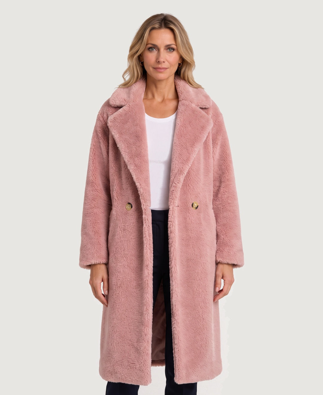 Long Teddy Fleece Coat Double Breasted pink front view