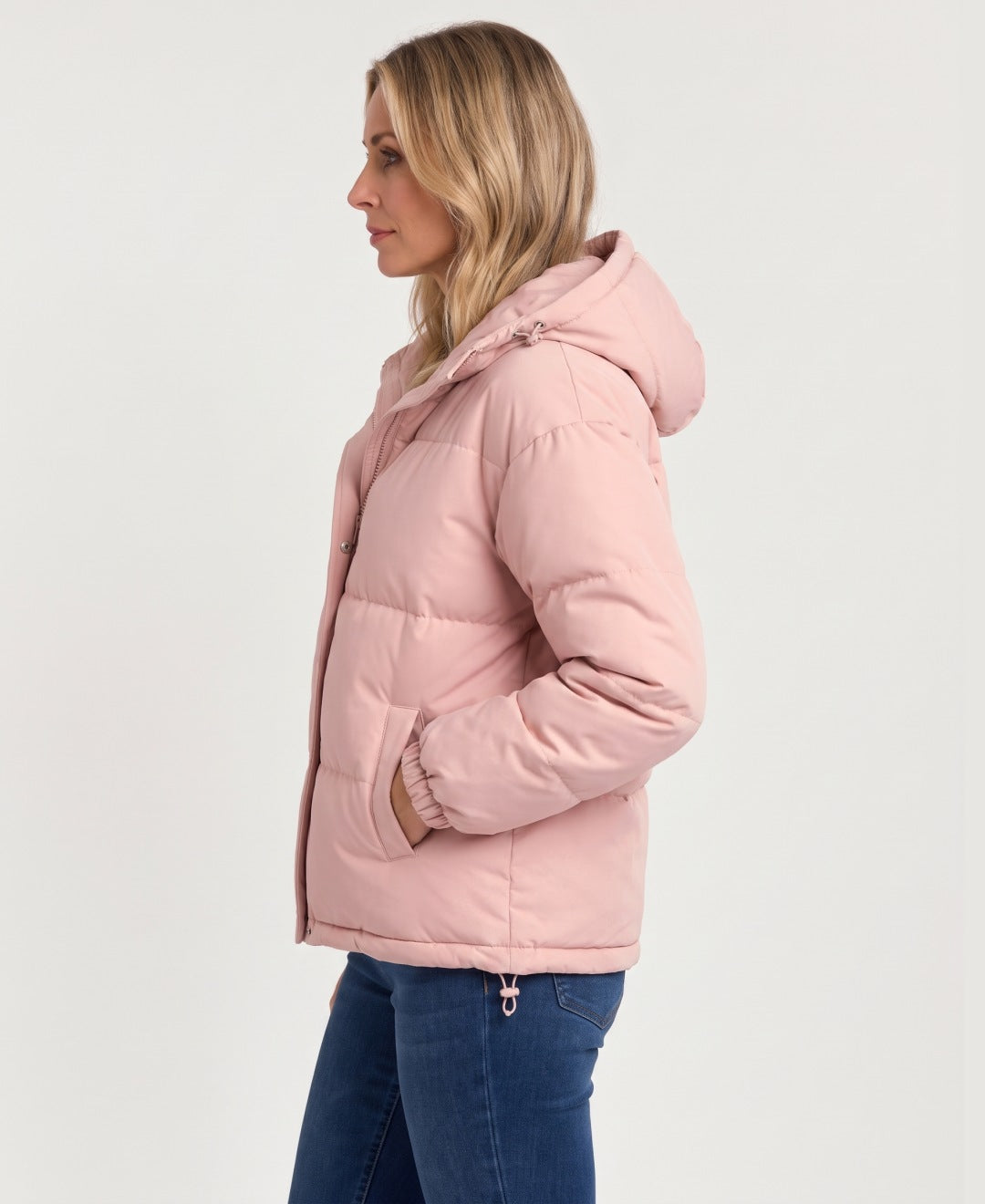 Women's short hooded puffer jacket pink side view