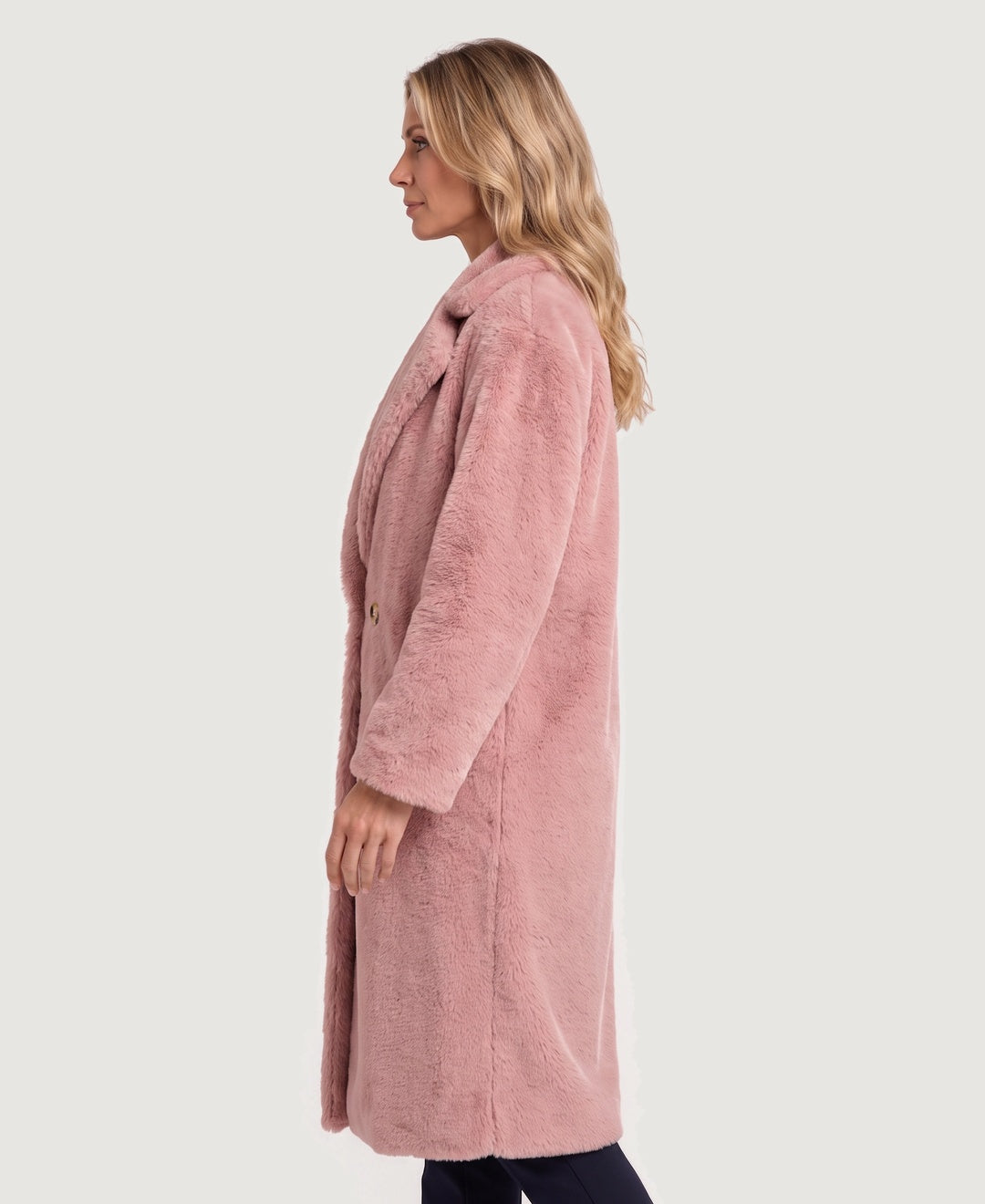 Long Teddy Fleece Coat Double Breasted pink side view