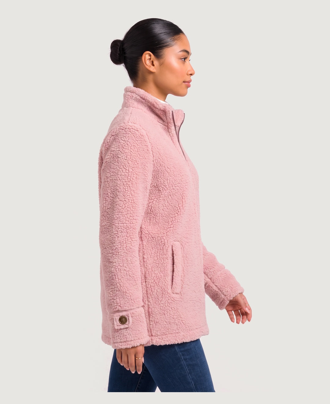 Women's sherpa fleece zip jacket in pink, side view