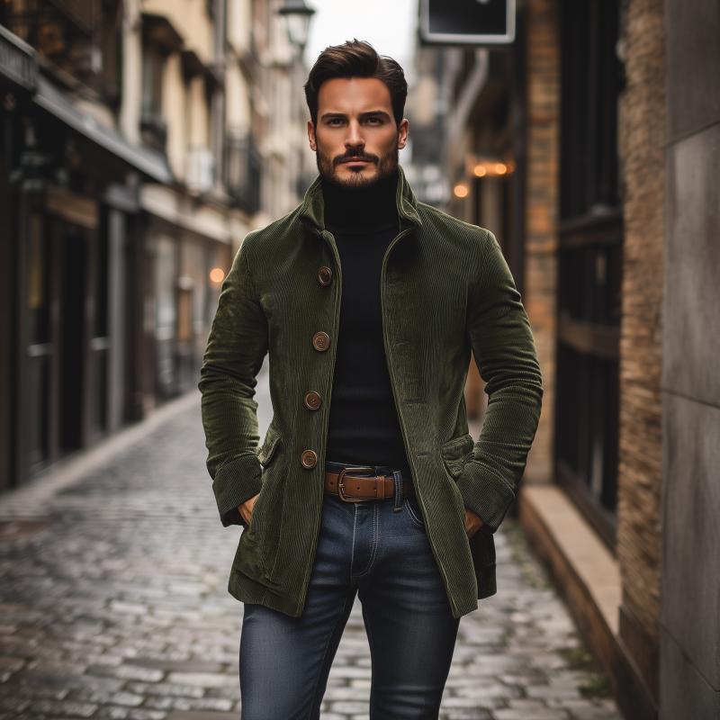 Henry Corduroy Stand Collar Short Coat in Army Green