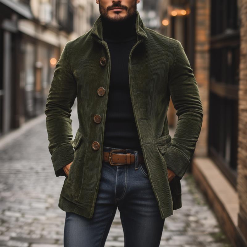 Henry Corduroy Stand Collar Short Coat in Army Green