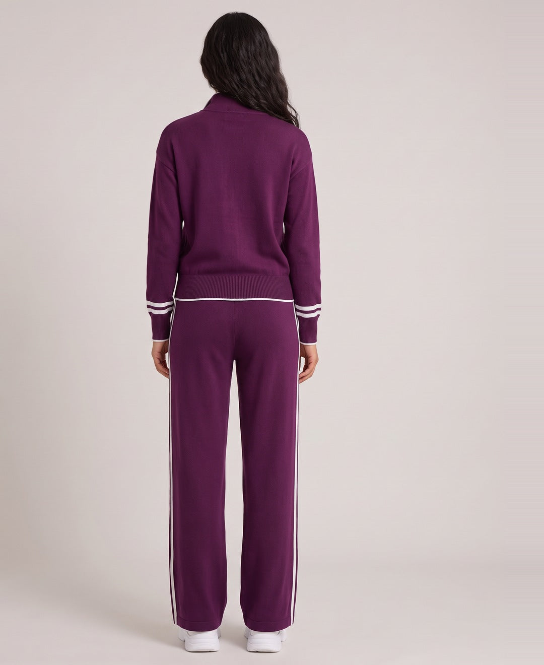 Purple striped half zip knit set back view on model