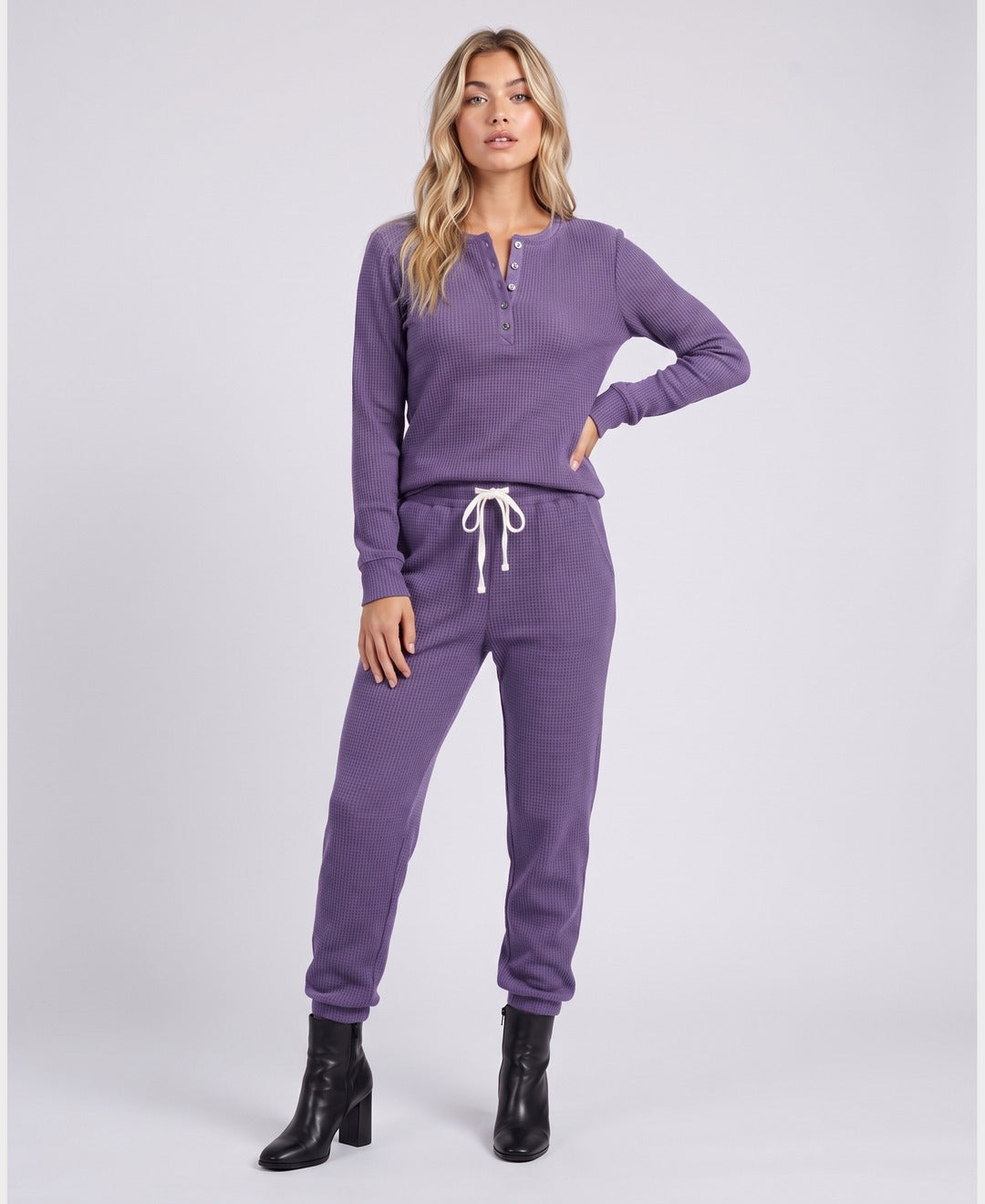 Brenda Waffle Henley Set in Purple, front view