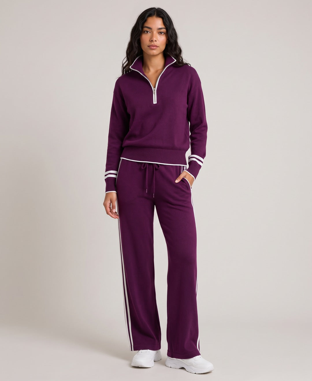 Purple striped half zip knit set front view on model