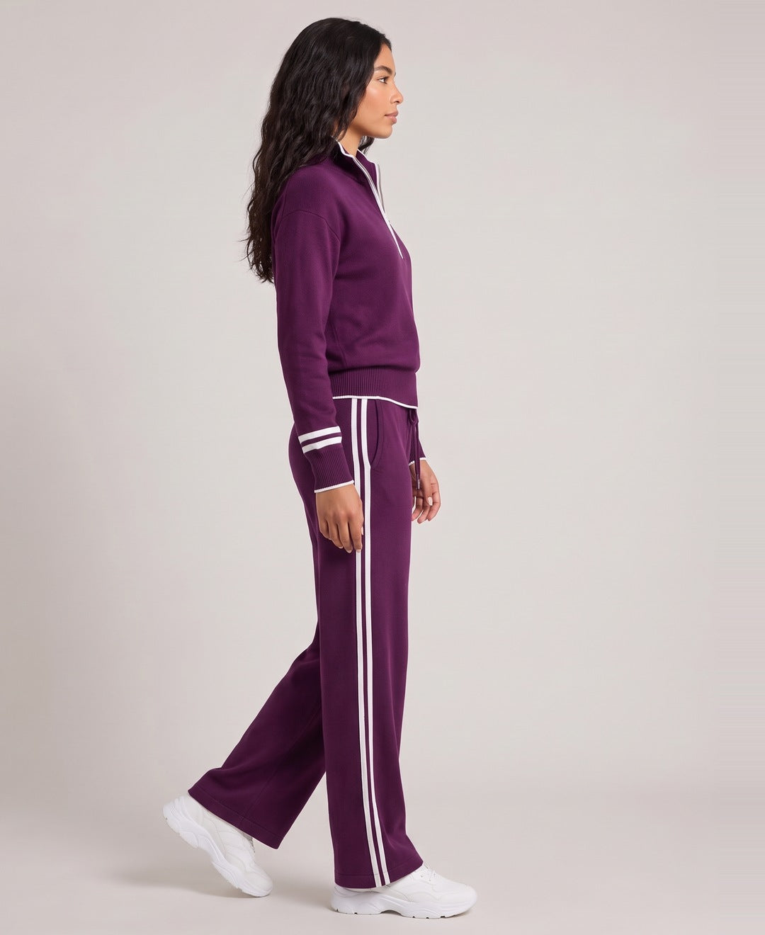Purple striped half zip knit set side view on model