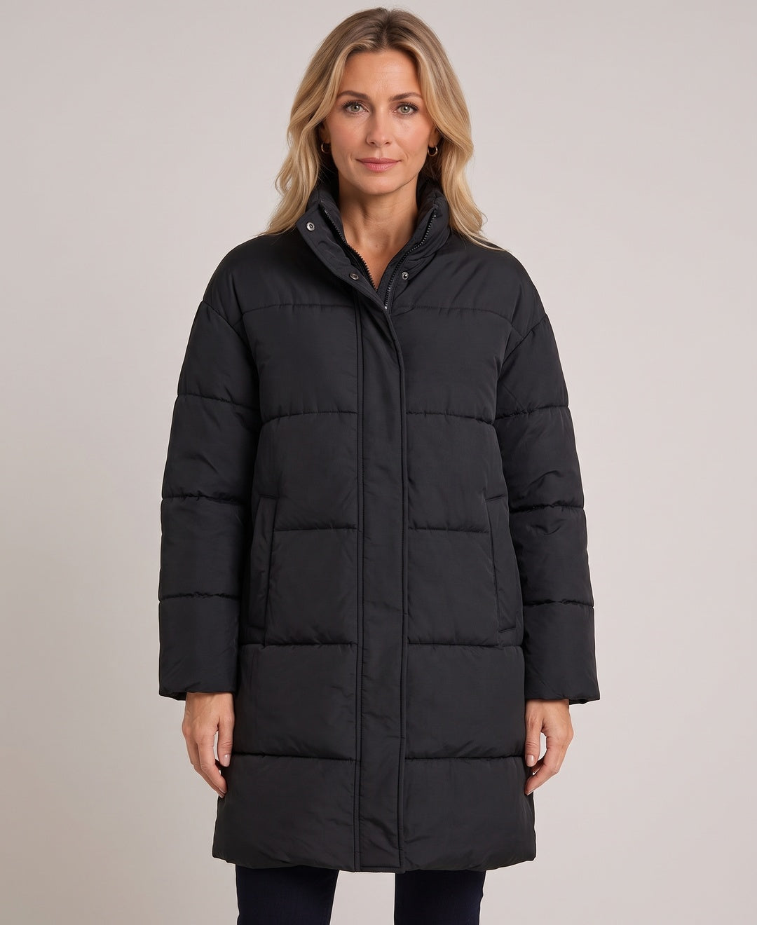 Perrine Long Hoodless Puffer Coat in Black