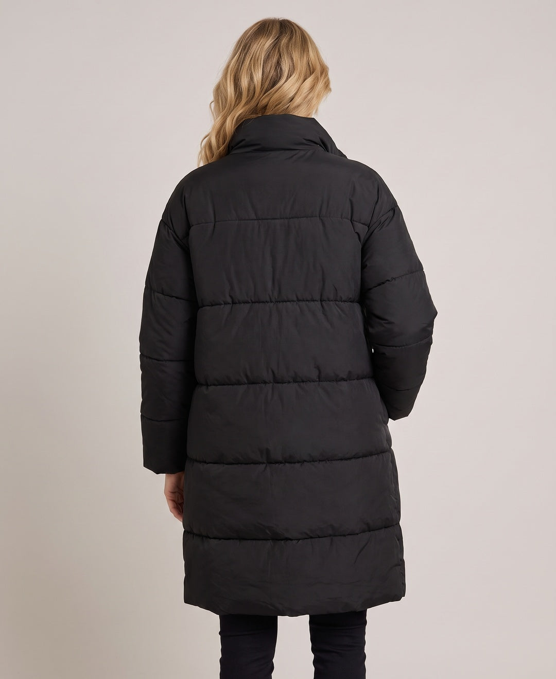 Perrine Long Hoodless Puffer Coat in Black