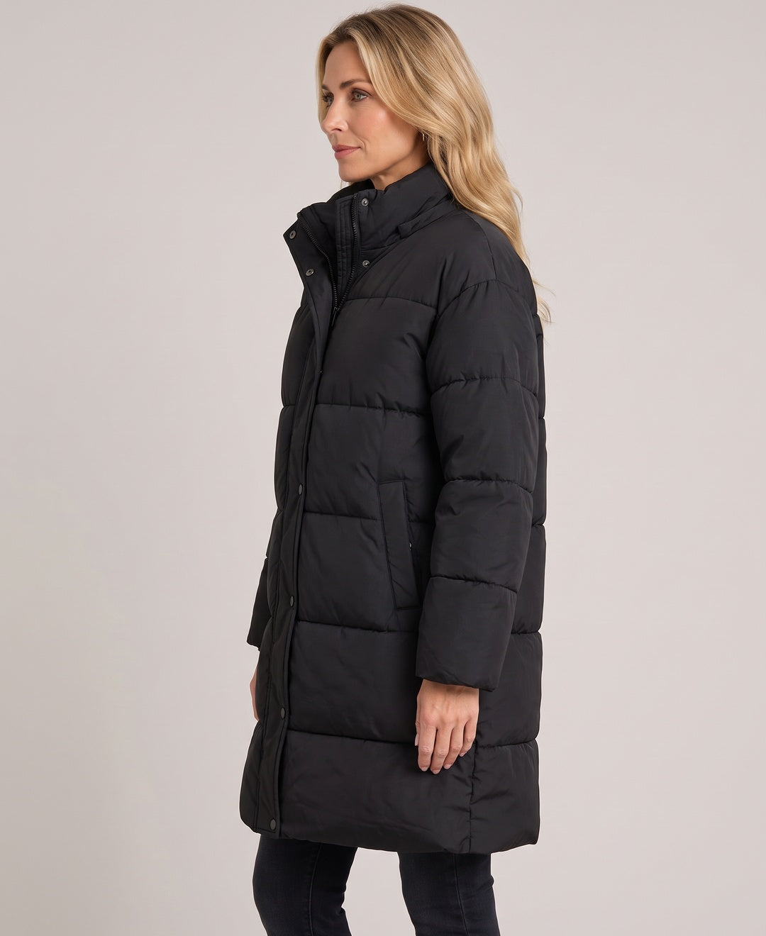 Perrine Long Hoodless Puffer Coat in Black