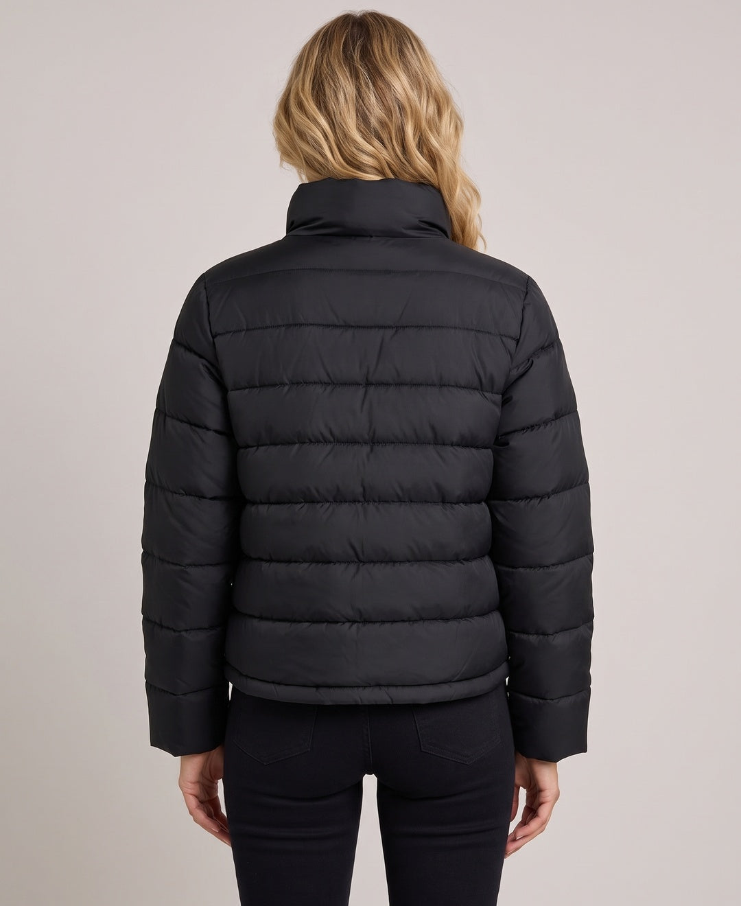 Solenne Boxy Snap Collar Puffer Jacket in Black