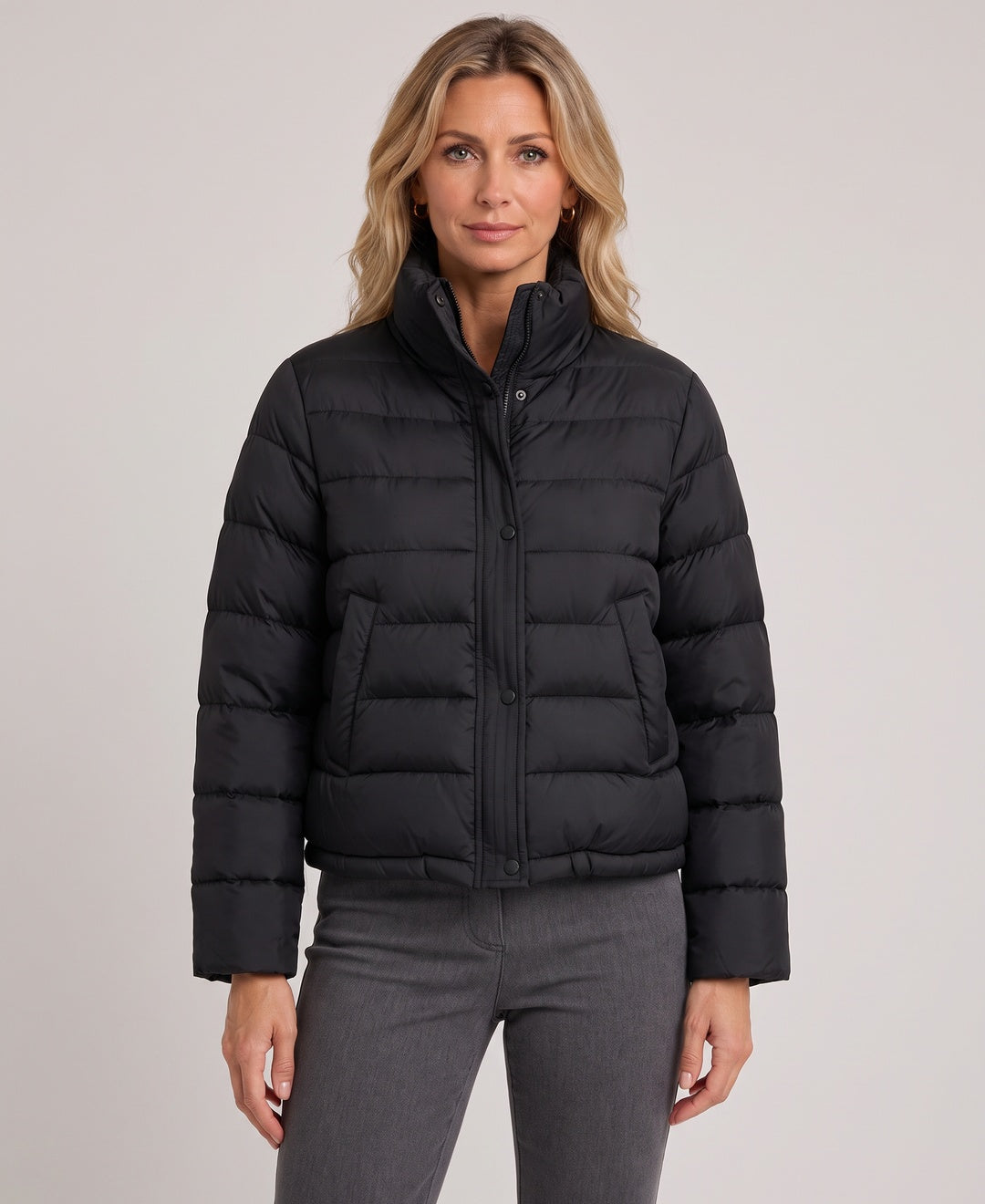 Solenne Boxy Snap Collar Puffer Jacket in Black