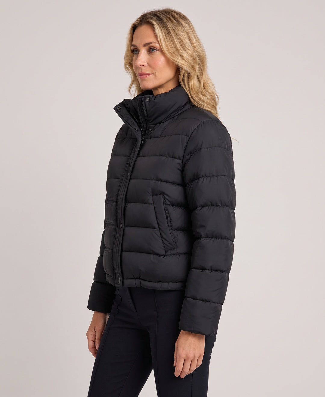 Solenne Boxy Snap Collar Puffer Jacket in Black