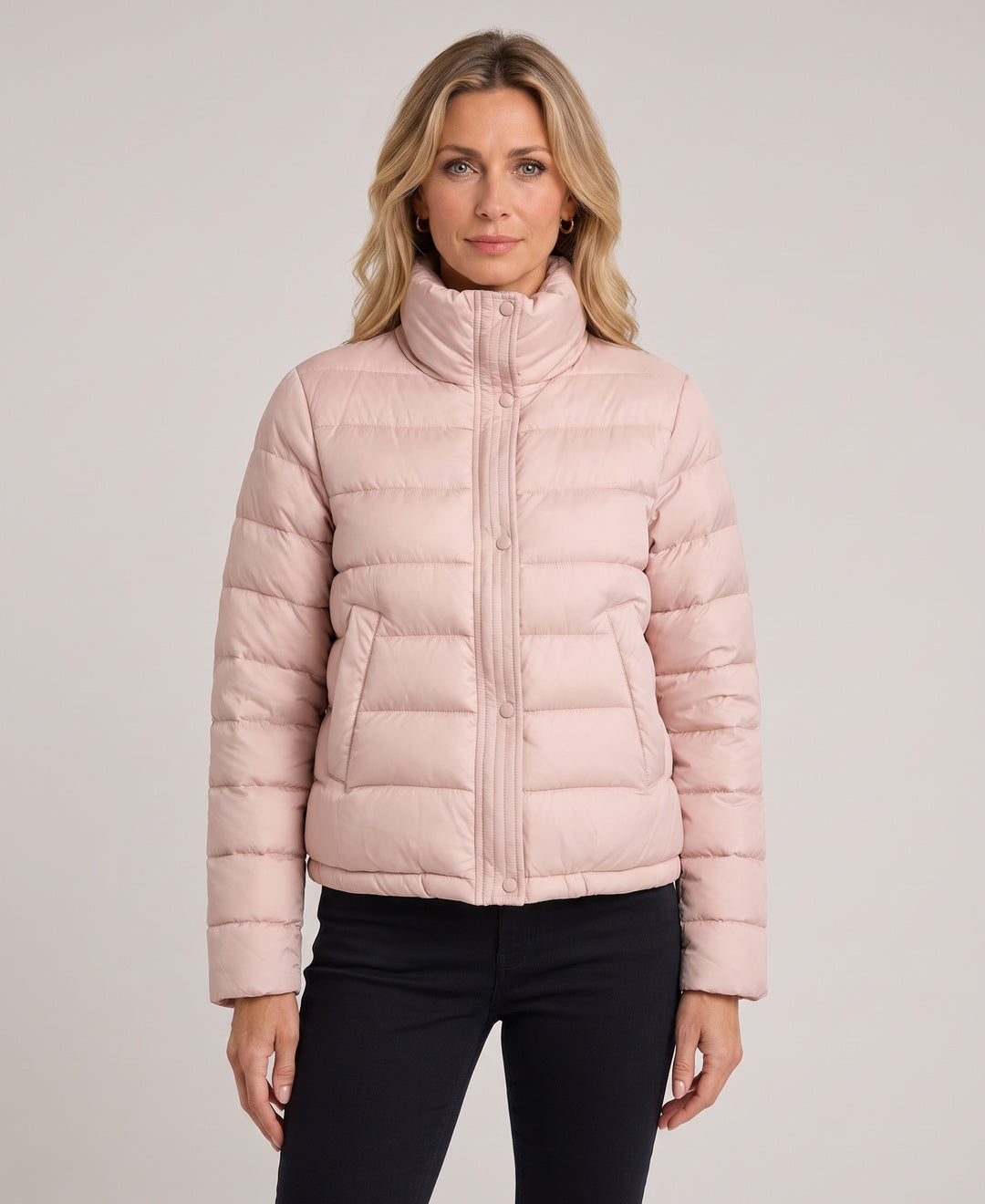 Solenne Boxy Snap Collar Puffer Jacket in Pink