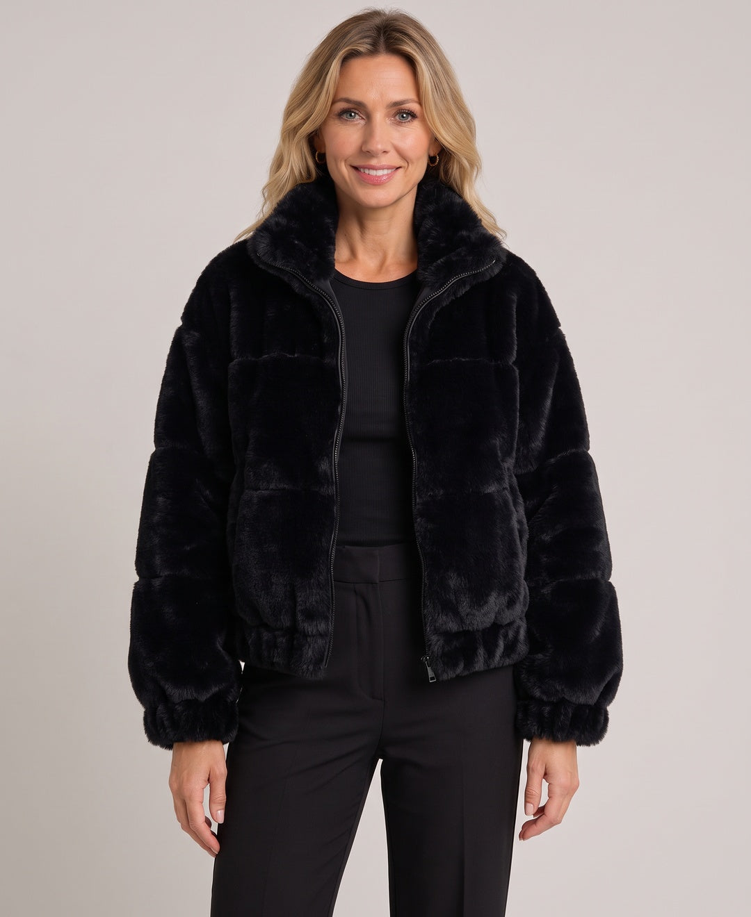 Soraya Plush Faux Fur Zip Cropped Jacket in Black