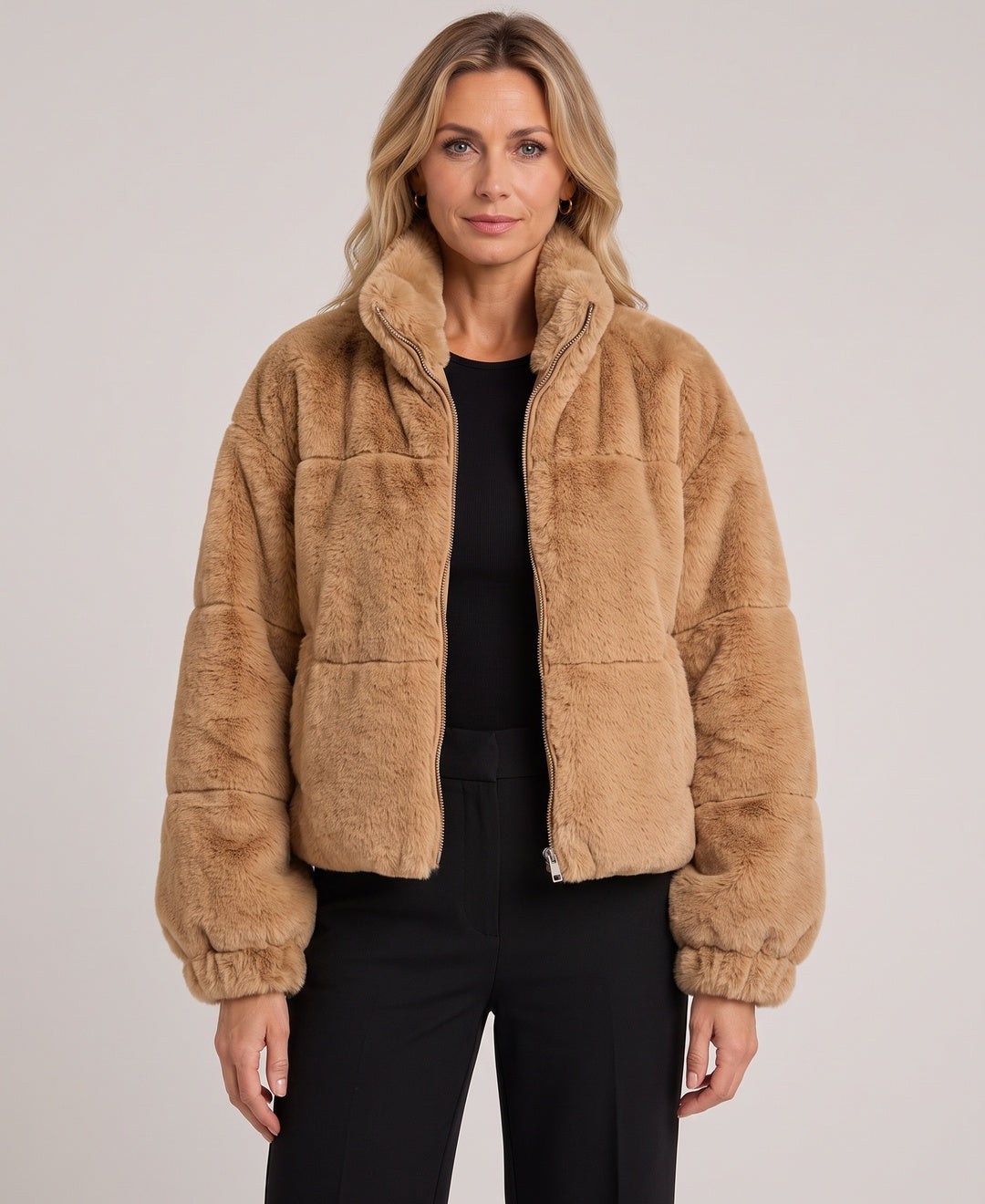 Soraya Plush Faux Fur Zip Cropped Jacket in Camel