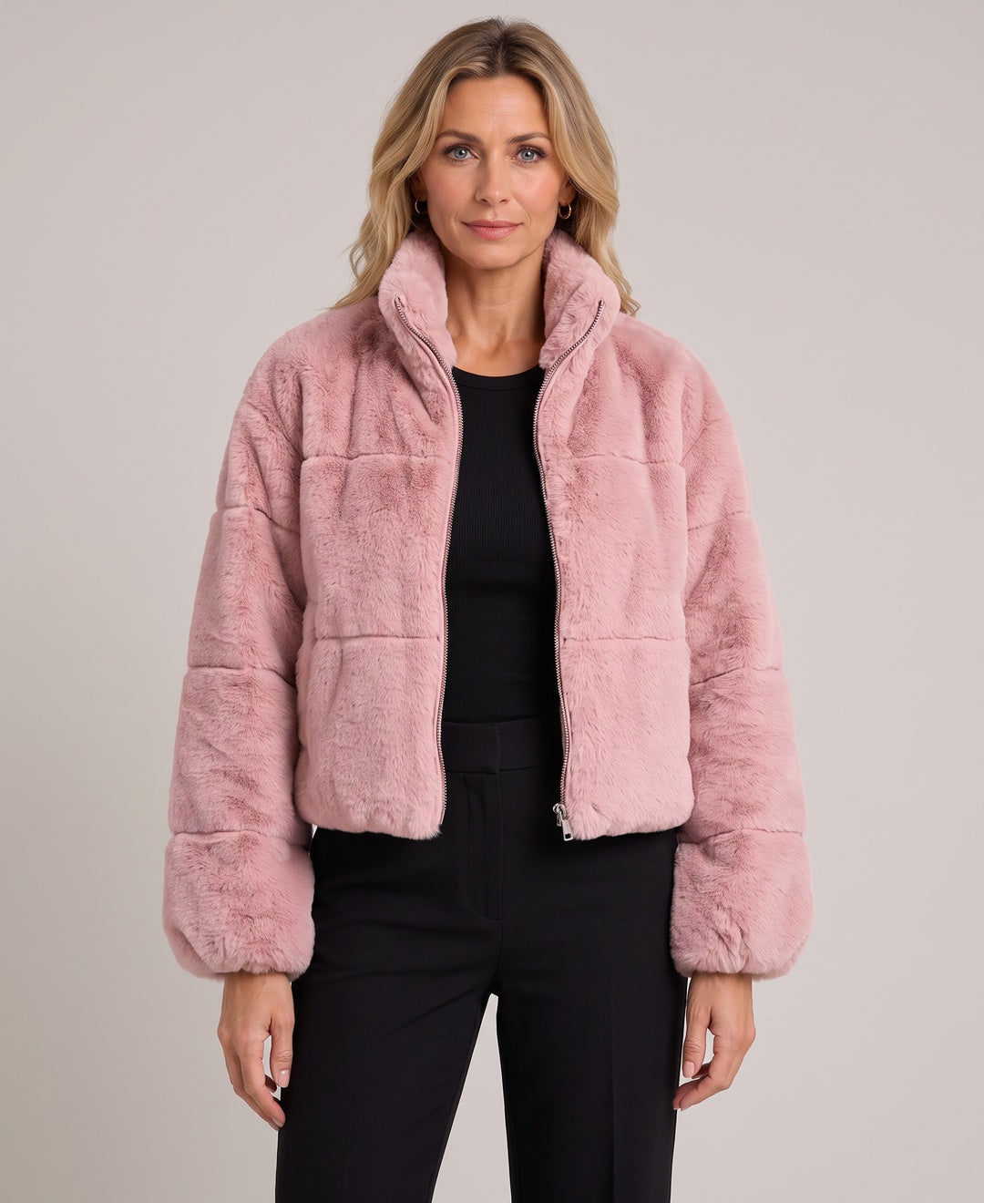Soraya Plush Faux Fur Zip Cropped Jacket in Pink