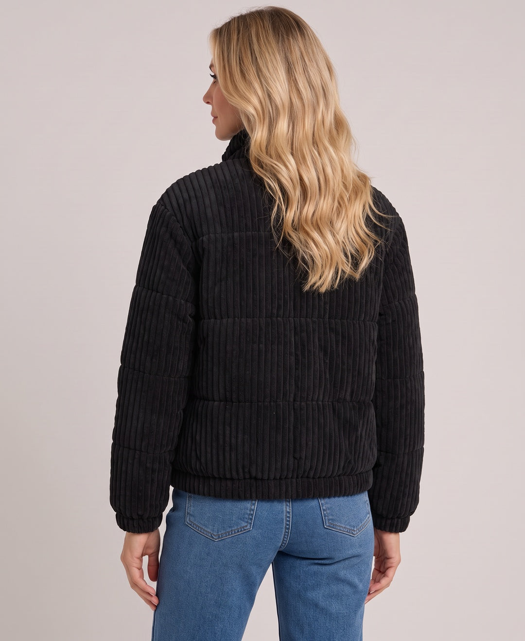Cleo Quilted Corduroy Zip Puffer Jacket in Black