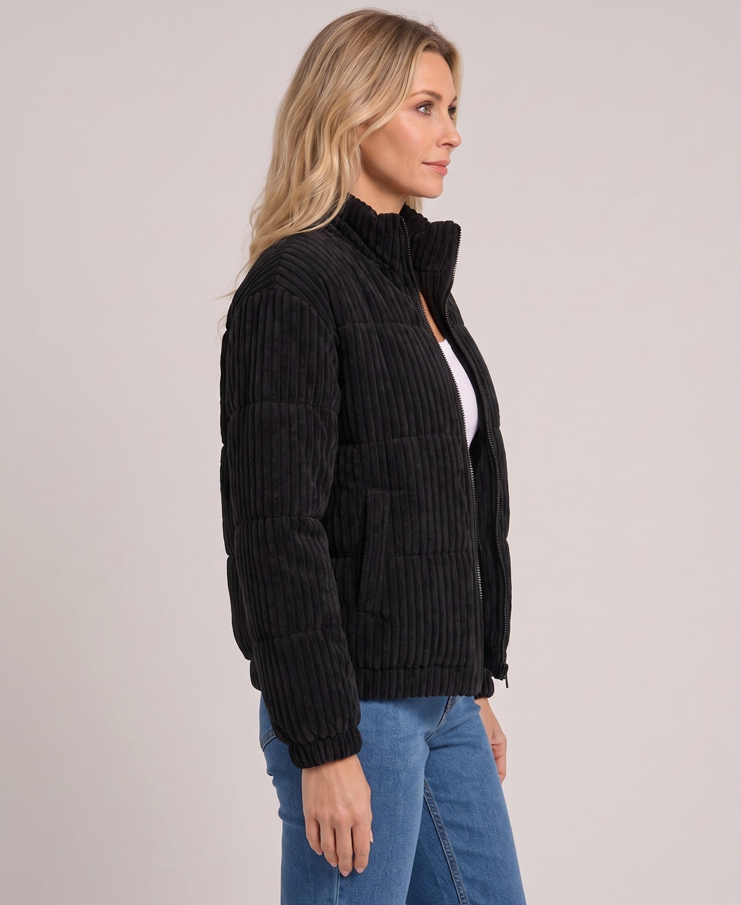 Cleo Quilted Corduroy Zip Puffer Jacket in Black