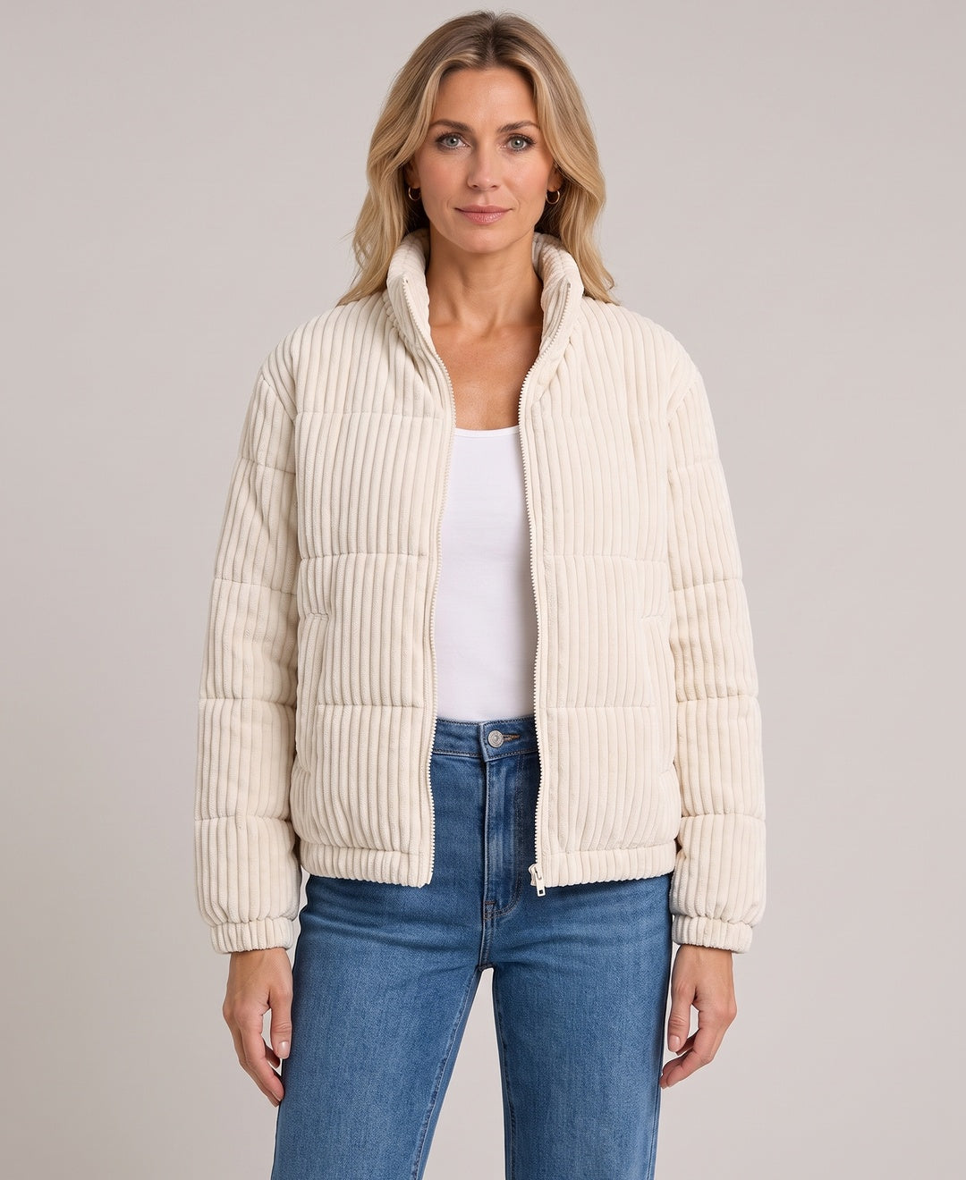 Cleo Quilted Corduroy Zip Puffer Jacket in Cream
