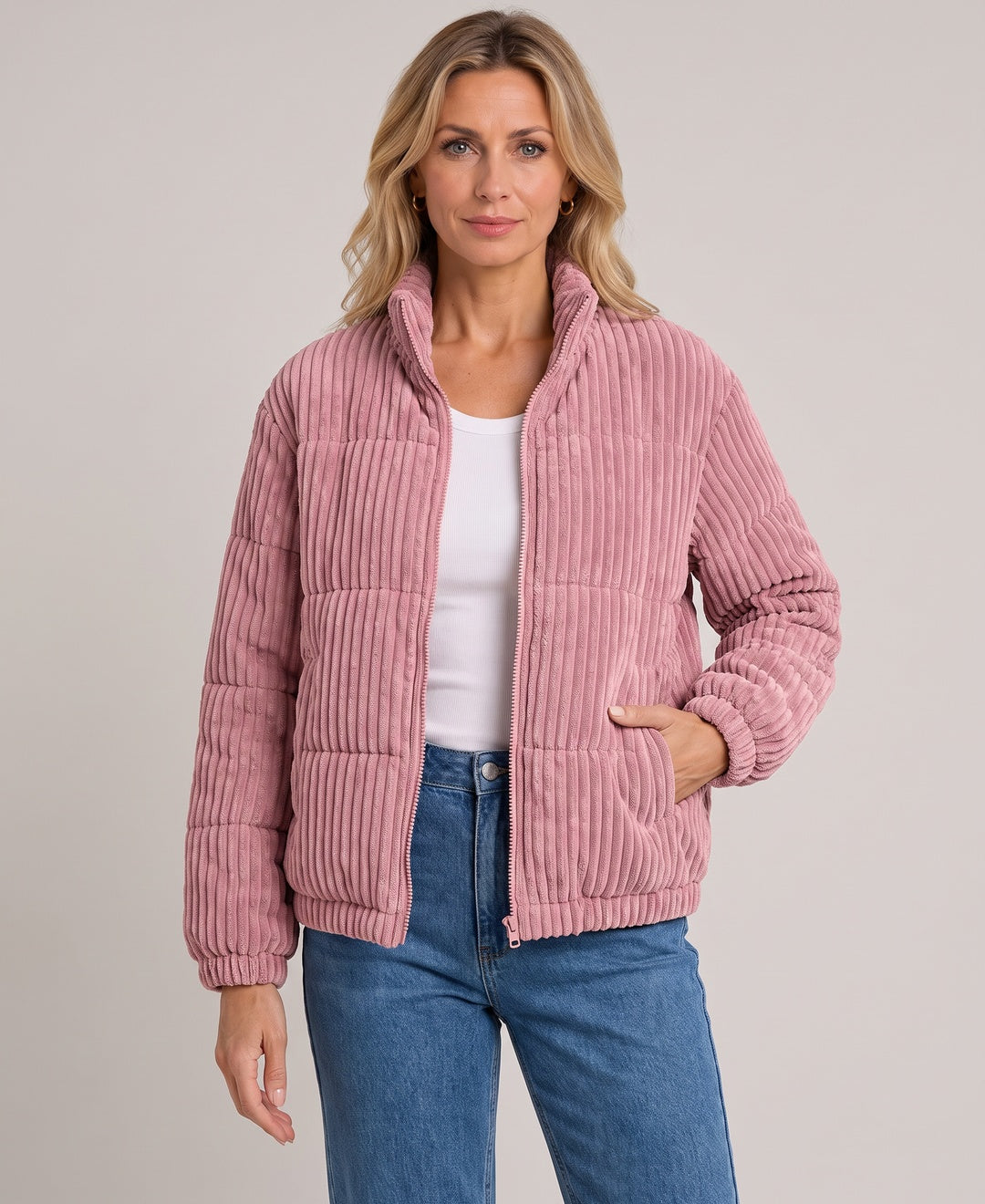 Cleo Quilted Corduroy Zip Puffer Jacket in Pink