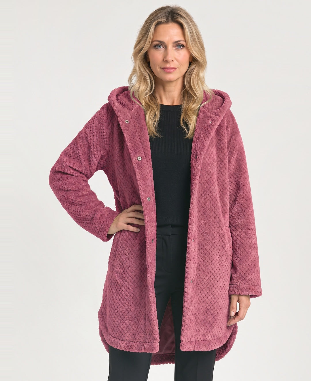 Hooded Waffle Fleece Teddy Coat Snap Buttons Curved Hem raspberry front view