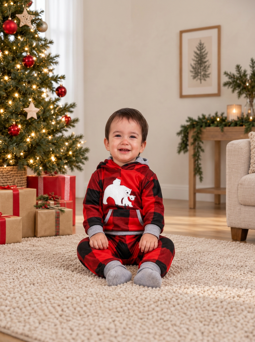 Buffalo Check Bear Hooded Matching Family Christmas Pyjamas, baby set