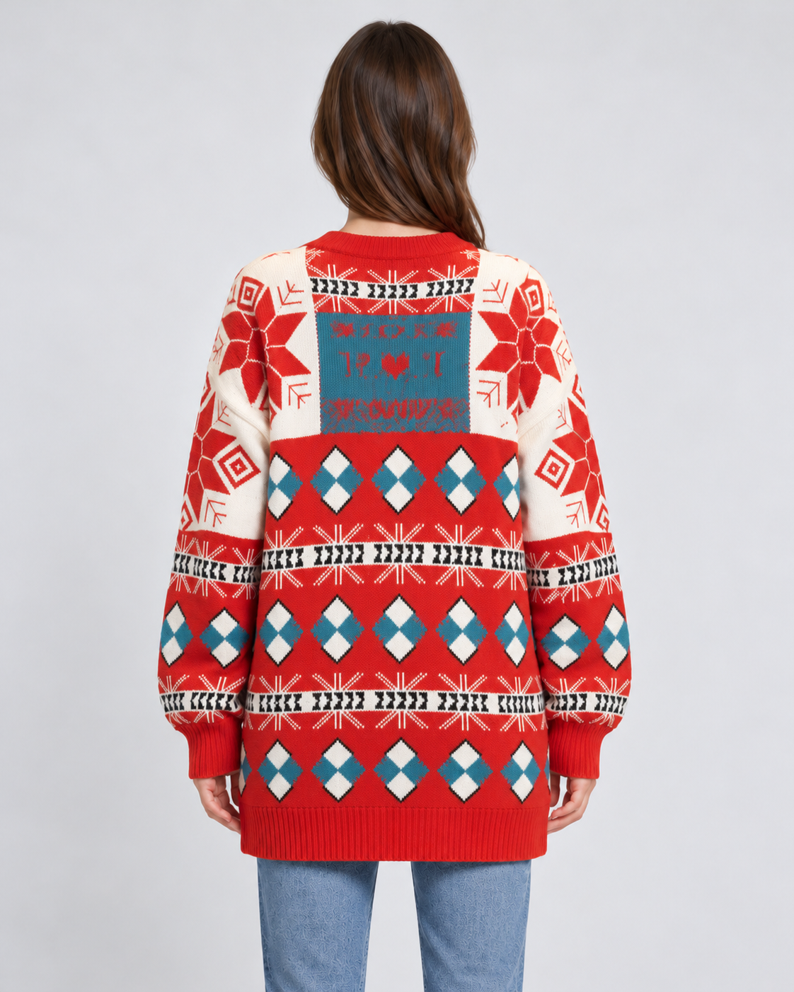 3D Snowman Fair Isle Oversized Christmas Jumper, red, back view