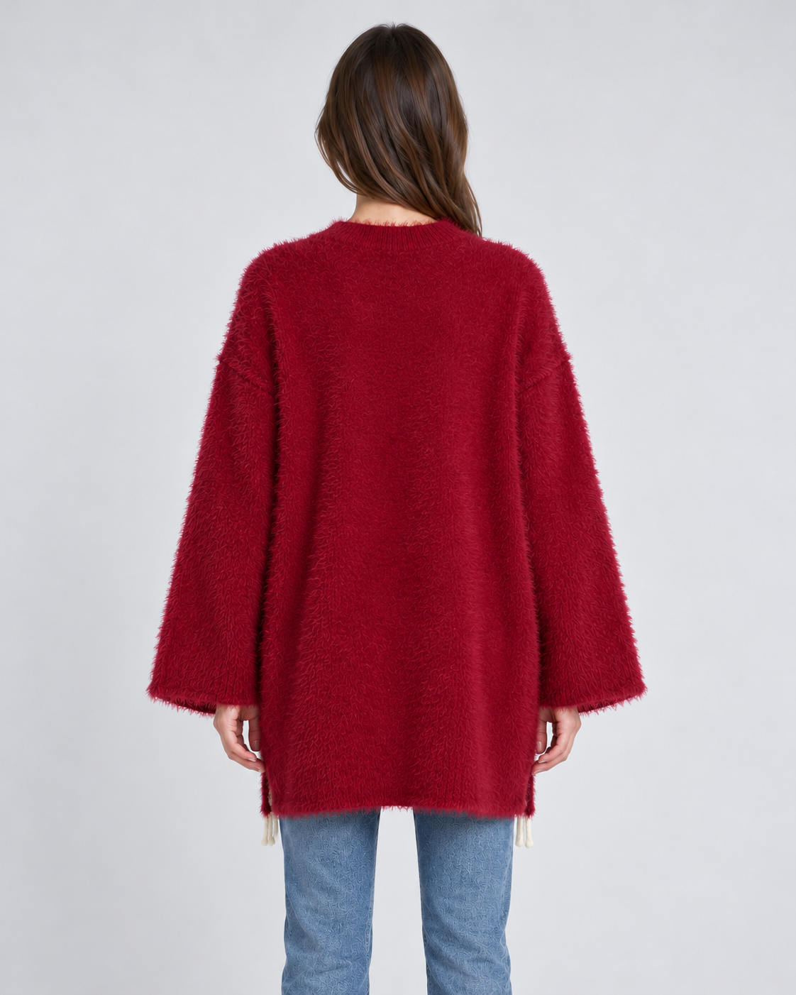 Fluffy Bunny Lace-Up Oversized Christmas Jumper, red, back view