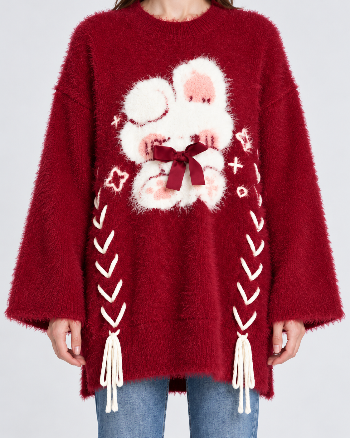Fluffy Bunny Lace-Up Oversized Christmas Jumper, red, close-up