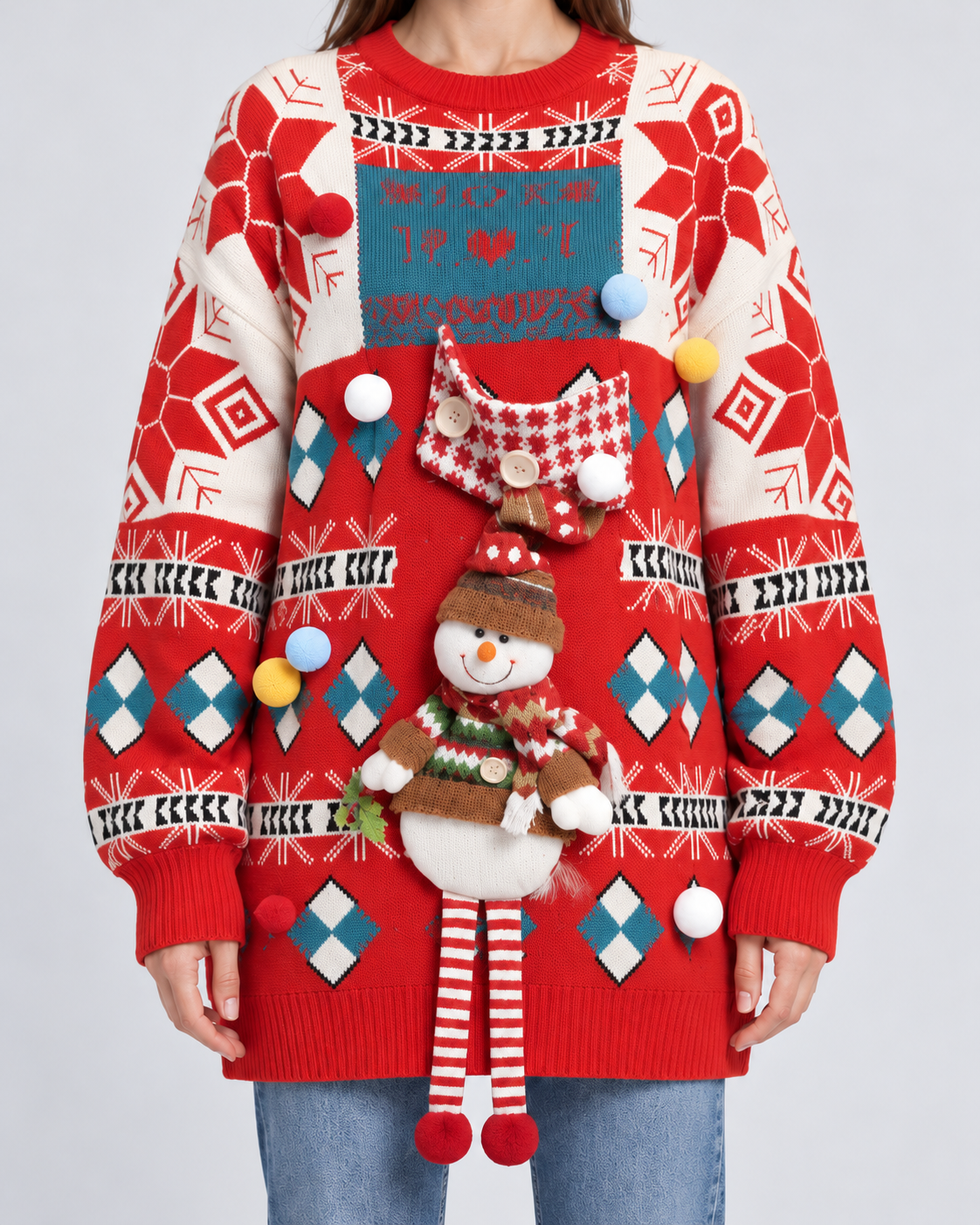 3D Snowman Fair Isle Oversized Christmas Jumper, red, close-up