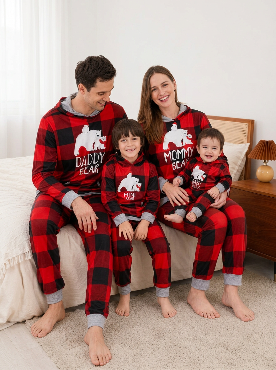 Buffalo Check Bear Hooded Matching Family Christmas Pyjamas, family together