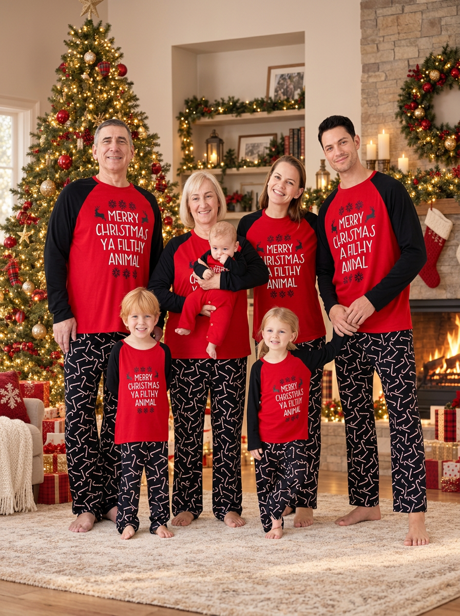 Slogan Raglan Top Candy Cane Matching Family Christmas Pyjamas, family together