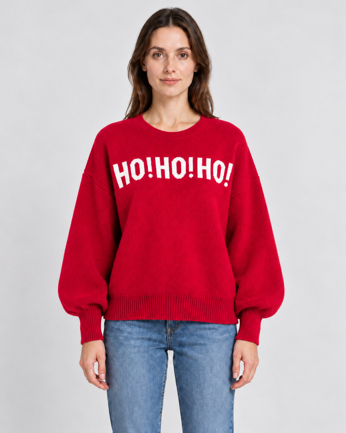 Sleeve Lettering Drop Shoulder Christmas Jumper, red Christmas jumper with HO!HO!HO! lettering, front view