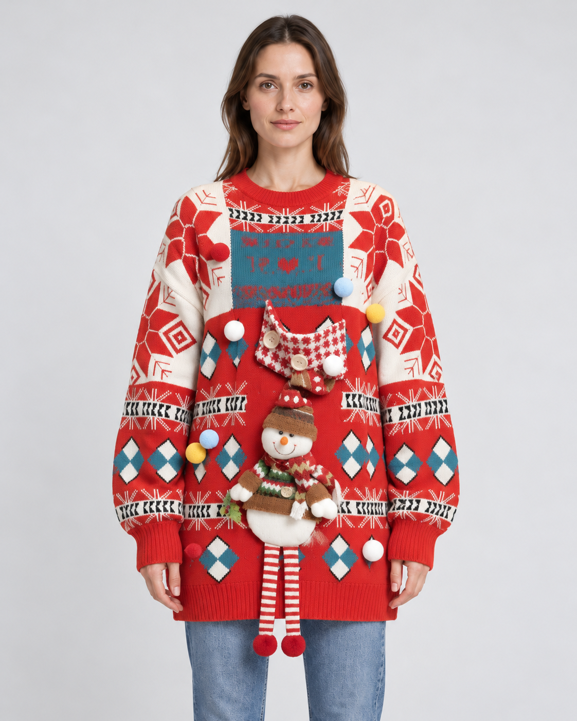 3D Snowman Fair Isle Oversized Christmas Jumper, red, front view