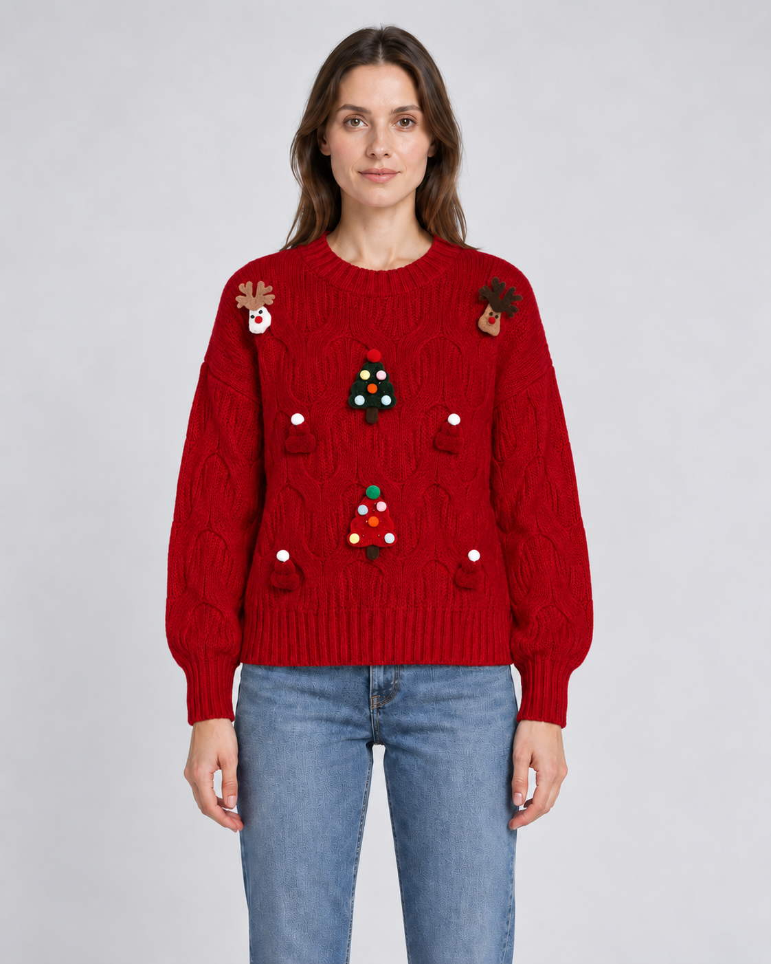 3D Tree and Reindeer Cable Knit Christmas Jumper, red, front view