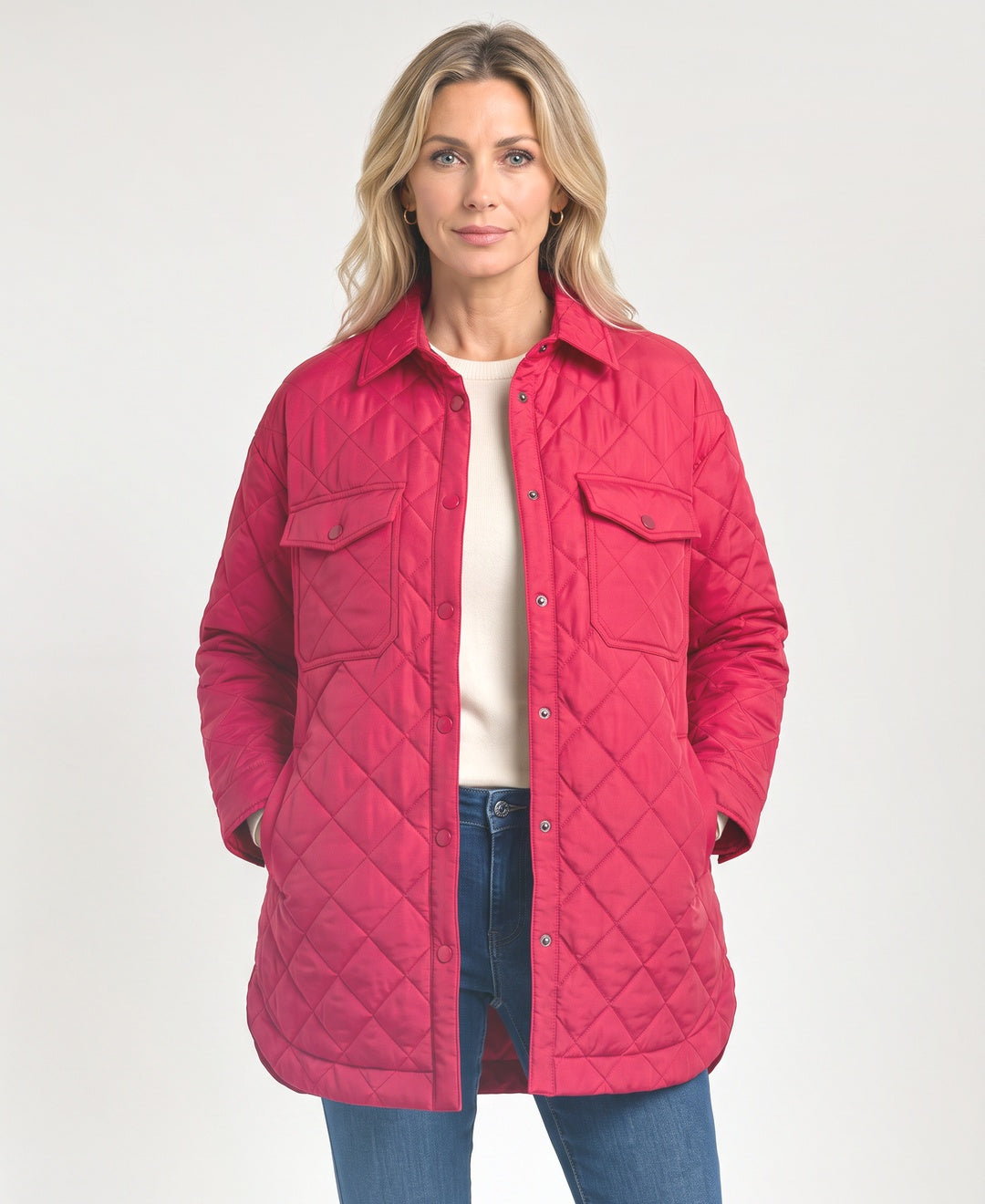 Oversized Quilted Shirt Jacket Snap Front Flap Pockets red front view