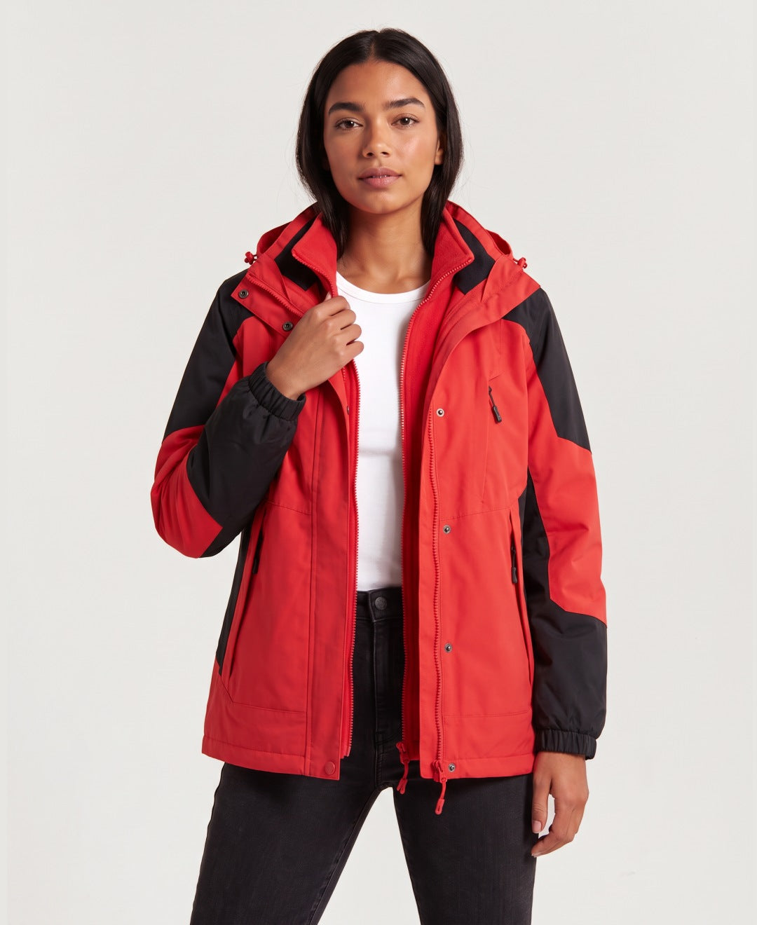 Women's 3-in-1 hooded outdoor jacket with fleece liner in red, front view