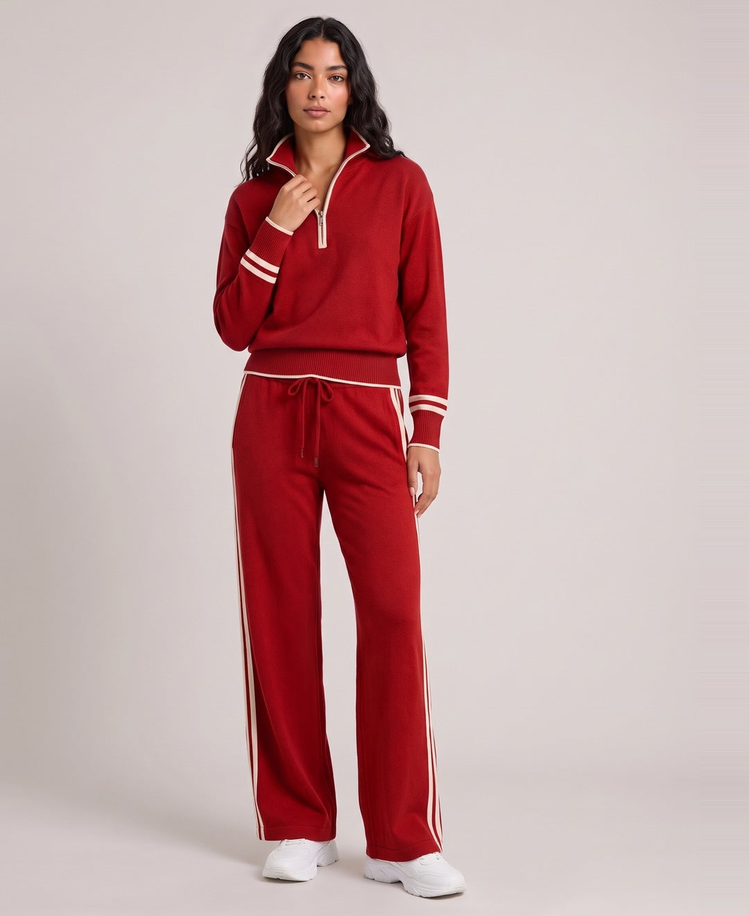 Red striped half zip knit set front view on model