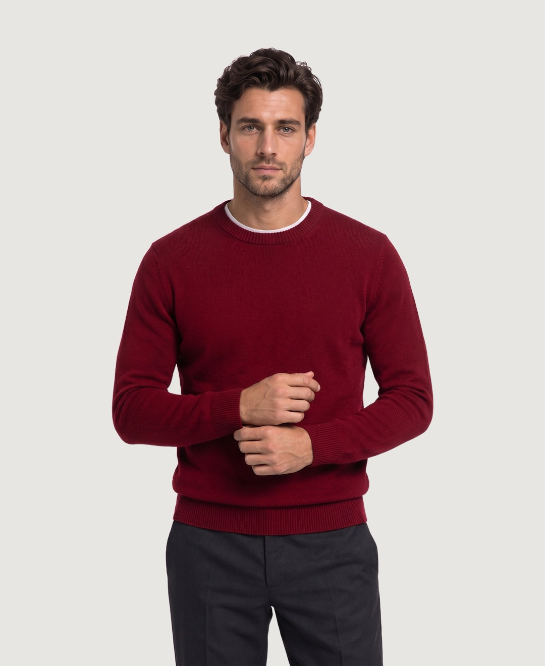 Men's soft knit crew neck jumper in red, front view