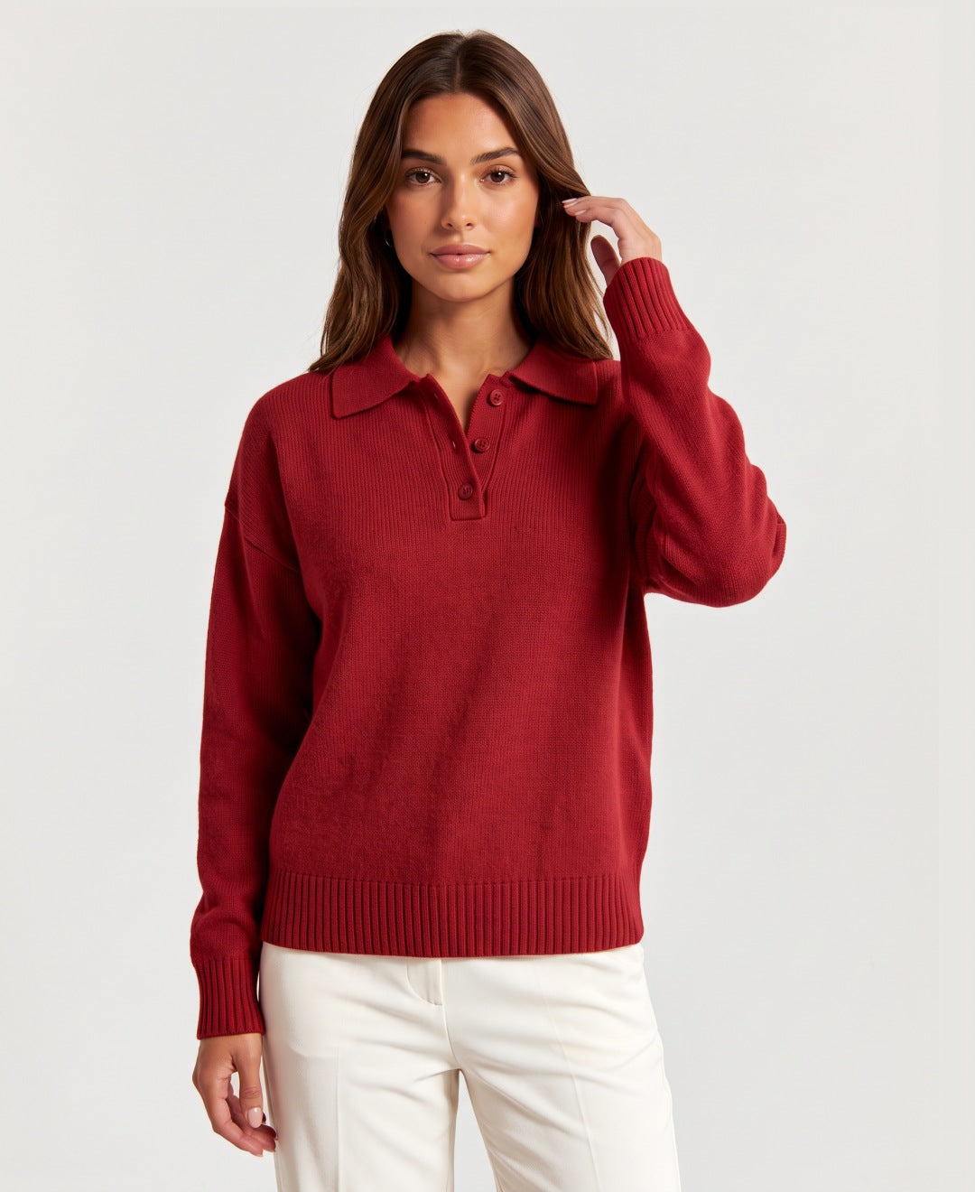 Women's lightweight knit polo jumper in red, front view