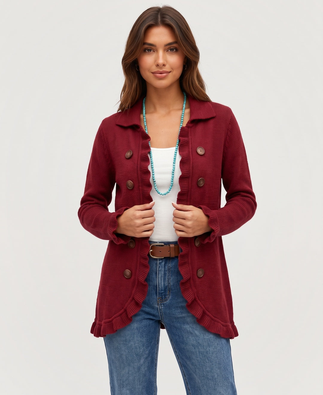 Women's collared ruffle trim knit cardigan with double buttons in red, front view