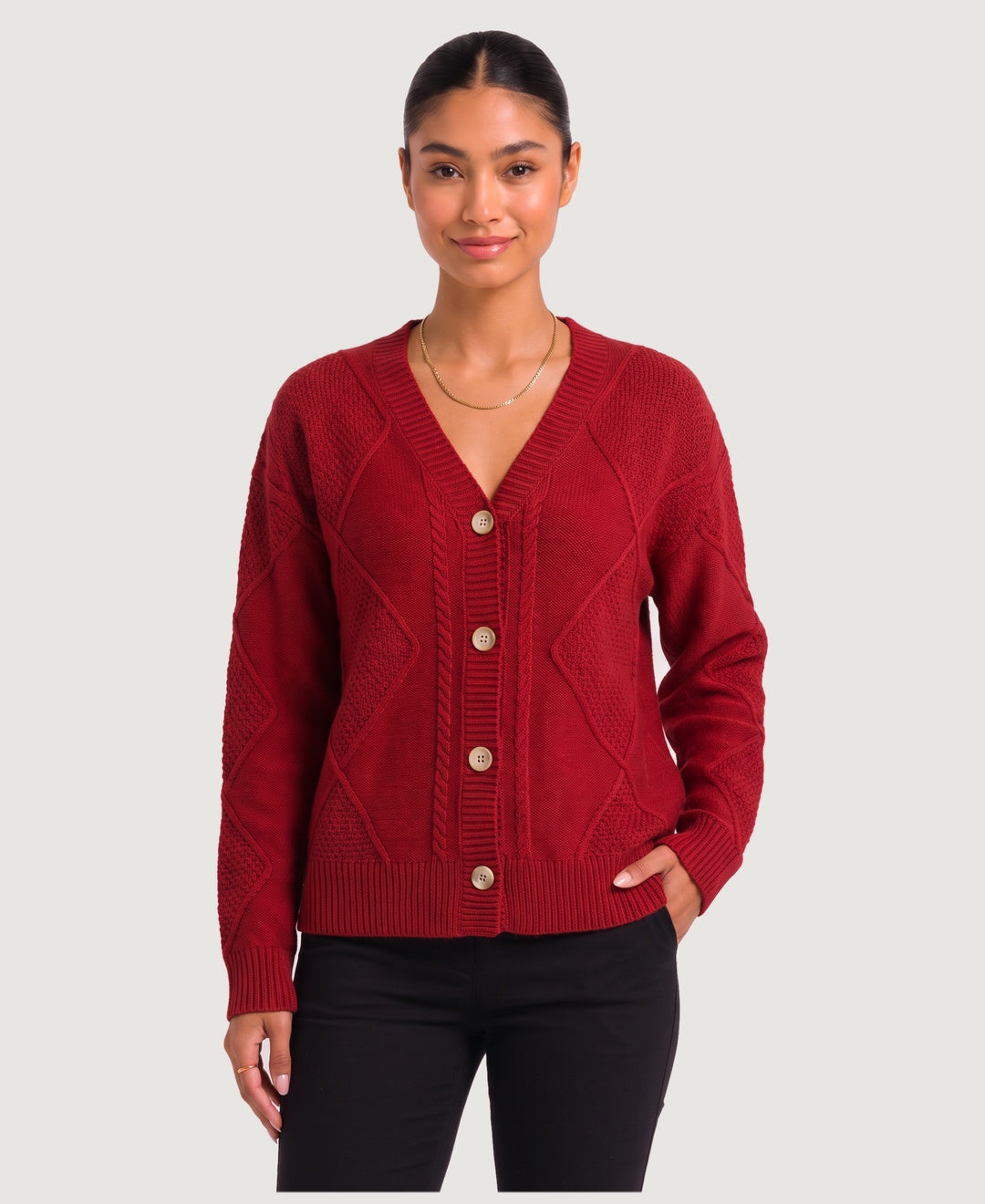 Women's diamond cable knit V-neck button cardigan in red, front view
